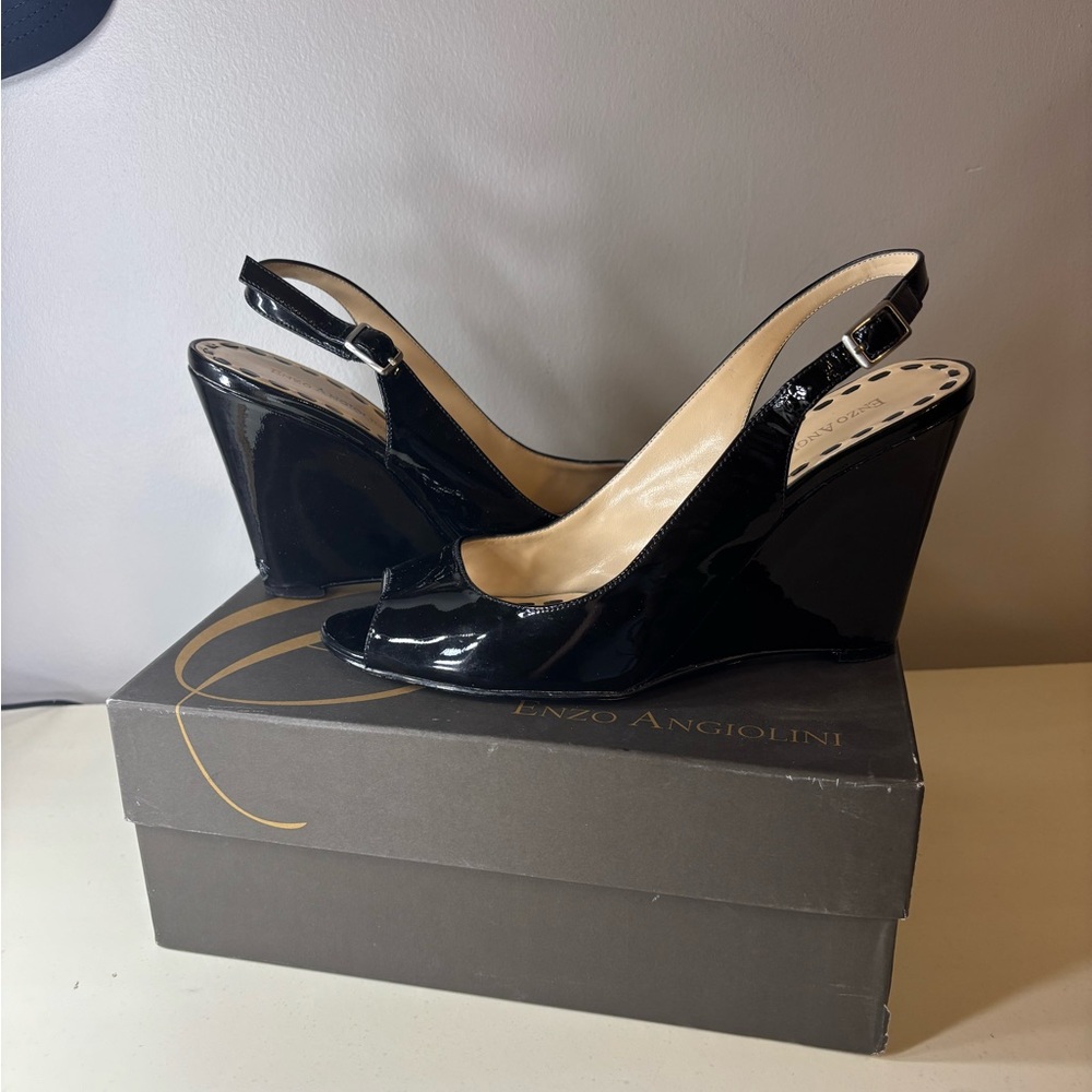 Enzo Angiolini Glossy Black Wedge Sandals